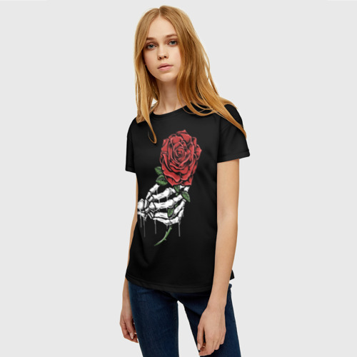 Женская футболка 3D Рука скелета с розой, цвет 3D печать - фото 3