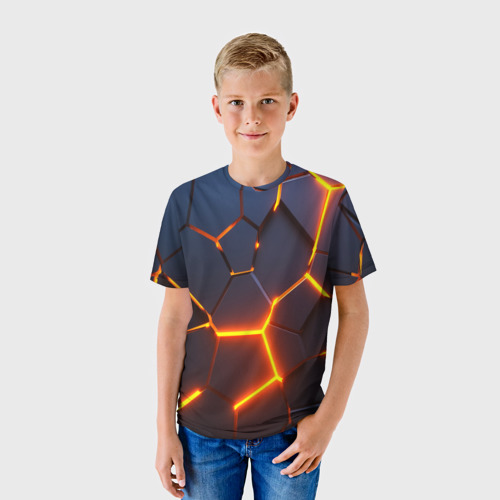 Детская футболка 3D Разлом неоновых плит в трехмерном, цвет 3D печать - фото 3