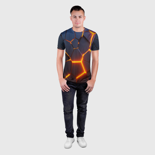 Мужская футболка 3D Slim с принтом Разлом неоновых плит в трехмерном, вид сбоку #3