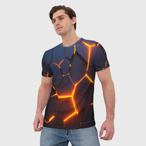 Мужская футболка 3D Разлом неоновых плит в трехмерном, цвет 3D печать - фото 3