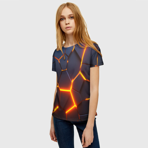 Женская футболка 3D с принтом Разлом неоновых плит в трехмерном, фото на моделе #1