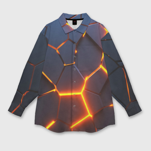 Женская рубашка oversize 3D с принтом Разлом неоновых плит в трехмерном, вид спереди #2