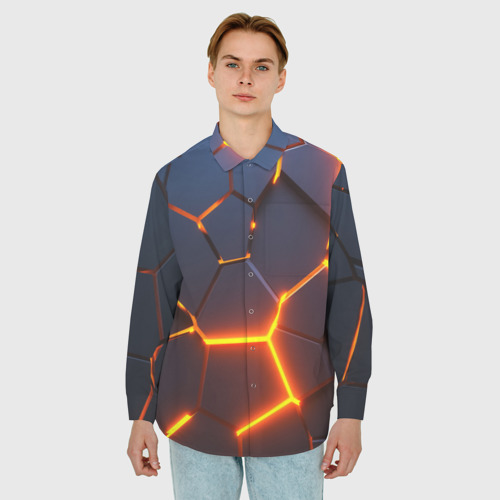 Мужская рубашка oversize 3D с принтом Разлом неоновых плит в трехмерном, фото на моделе #1