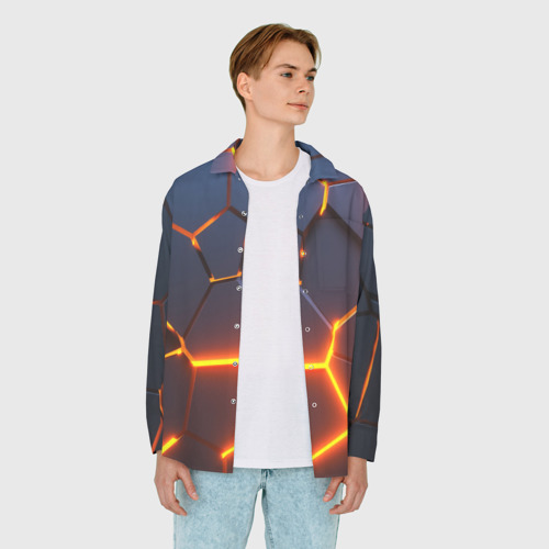 Мужская рубашка oversize 3D с принтом Разлом неоновых плит в трехмерном, вид сбоку #3