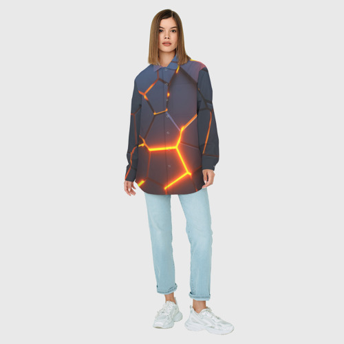 Женская рубашка oversize 3D с принтом Разлом неоновых плит в трехмерном, вид сбоку #3