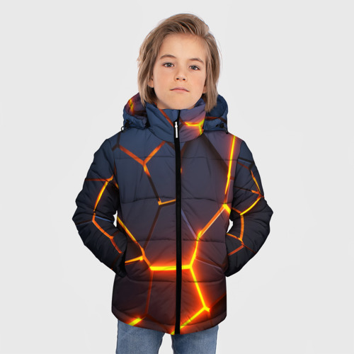 Зимняя куртка для мальчиков 3D Разлом неоновых плит в трехмерном, цвет черный - фото 3