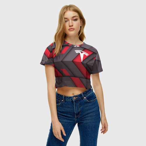 Женская футболка Crop-top 3D ИЛОН МАСК ТЕСЛА, цвет 3D печать - фото 4