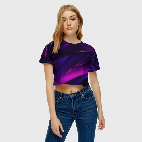 Женская футболка Crop-top 3D Geometry stripes neon, цвет 3D печать - фото 3