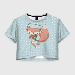 Женская футболка Crop-top 3D Милая лисичка в наушниках