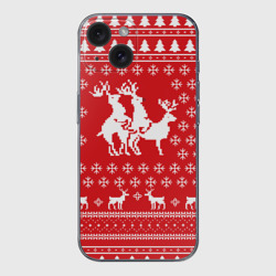 Чехол для iPhone 15 силиконовый с защитой камеры Свитер с оленями красный