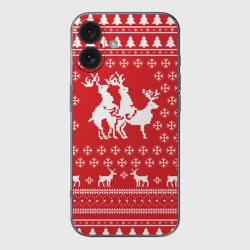 Чехол для iPhone 16 силиконовый с защитой камеры Свитер с оленями красный