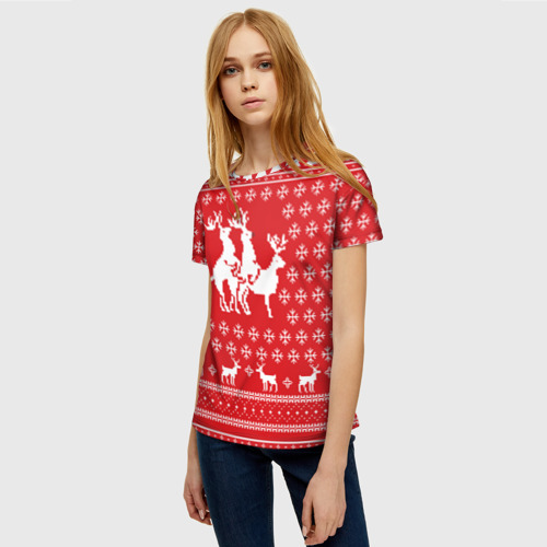 Женская футболка 3D Свитер с оленями красный, цвет 3D печать - фото 3