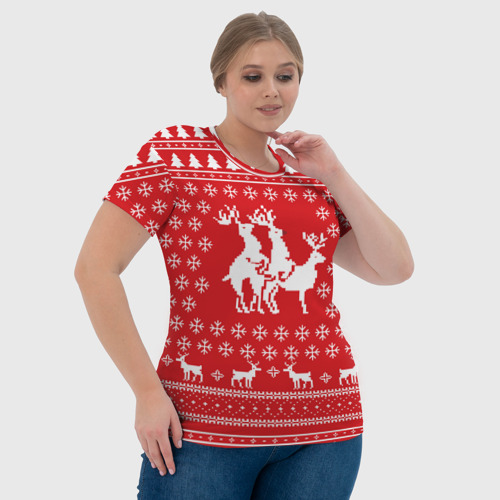 Женская футболка 3D Свитер с оленями красный, цвет 3D печать - фото 6