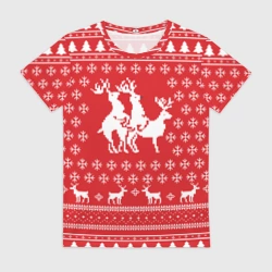 Женская футболка 3D Свитер с оленями красный