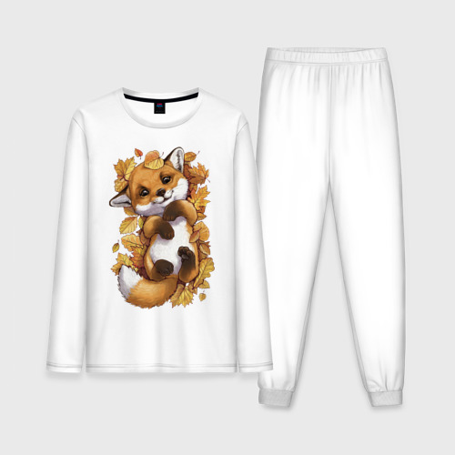 Мужская пижама из хлопка с лонгсливом с принтом Осенний лисёнок, вид спереди №1