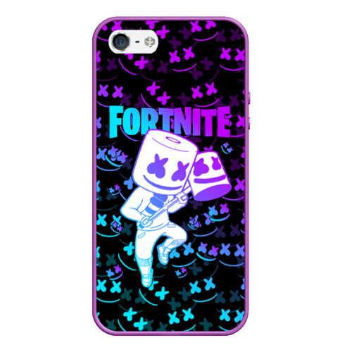 Чехол для iPhone 5/5S матовый Fortnite Marshmello neon Фортнайт, цвет фиолетовый