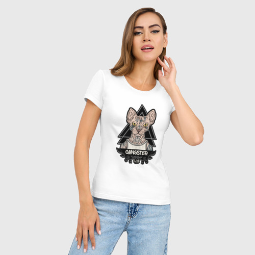 Женская футболка хлопок Slim Кот сфинкс гангстер, цвет белый - фото 3