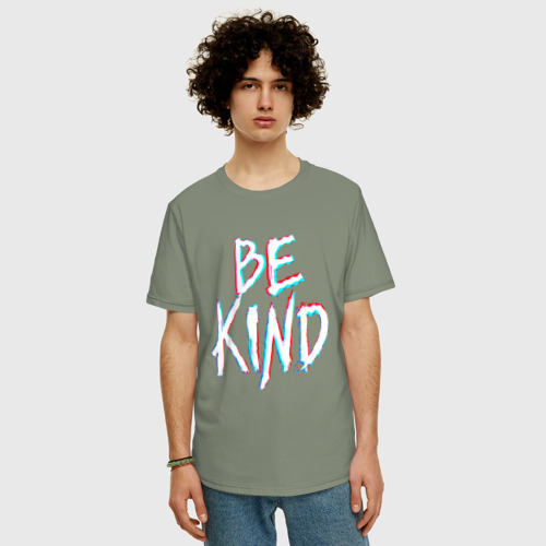 Мужская футболка хлопок Oversize Be kind glitch, цвет авокадо - фото 3