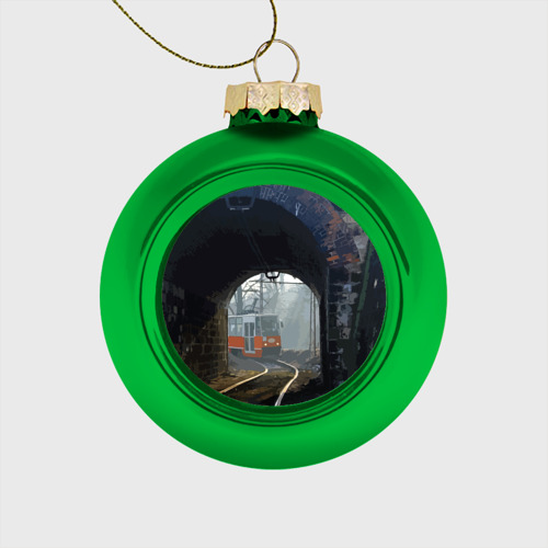 Стеклянный ёлочный шар Трамвай, цвет зеленый