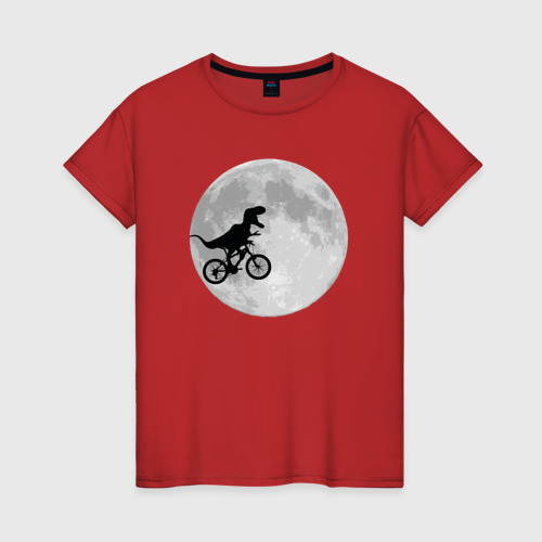 Женская футболка хлопок с принтом T-rex Riding a Bike, вид спереди #2