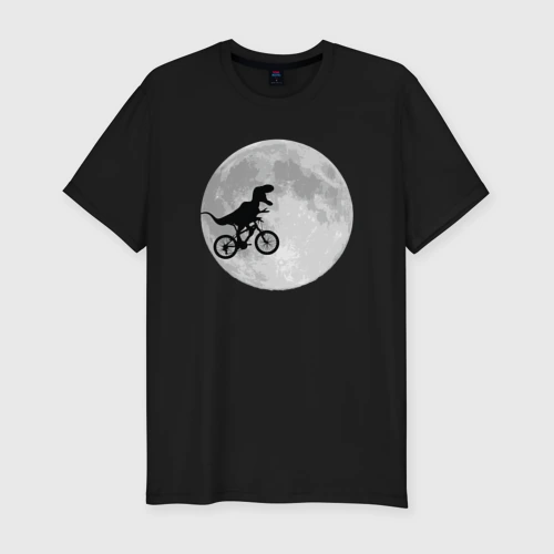 Мужская футболка хлопок Slim T-rex Riding a Bike against the backdrop of the moon