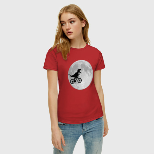Женская футболка хлопок с принтом T-rex Riding a Bike, фото на моделе #1