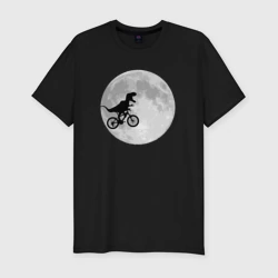 Мужская футболка хлопок Slim T-rex Riding a Bike against the backdrop of the moon