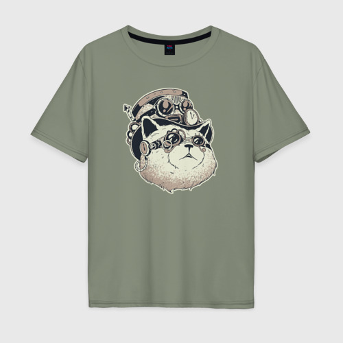 Мужская футболка хлопок Oversize Кот Steampunk, цвет авокадо