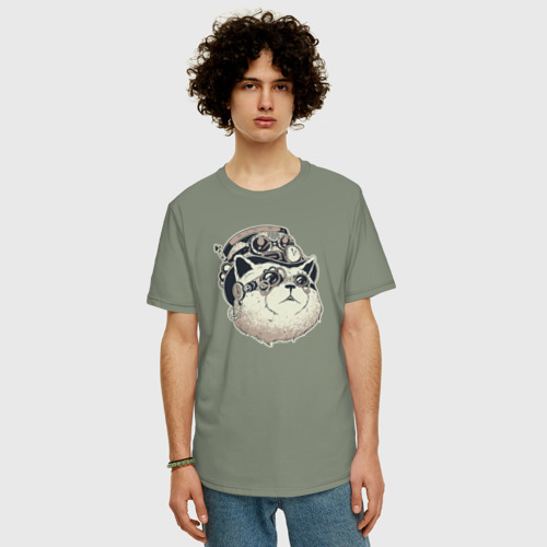 Мужская футболка хлопок Oversize Кот Steampunk, цвет авокадо - фото 3