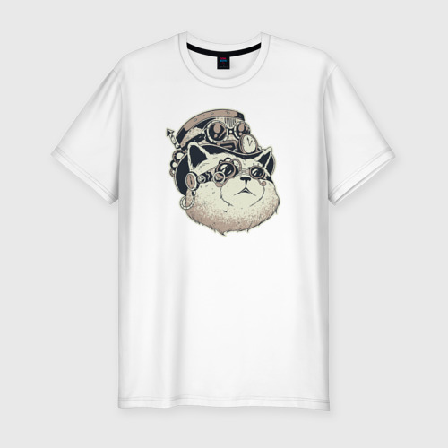 Мужская приталенная футболка из хлопка с принтом Кот Steampunk, вид спереди №1