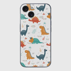 Чехол для iPhone 15 силиконовый с защитой камеры Милые динозавры