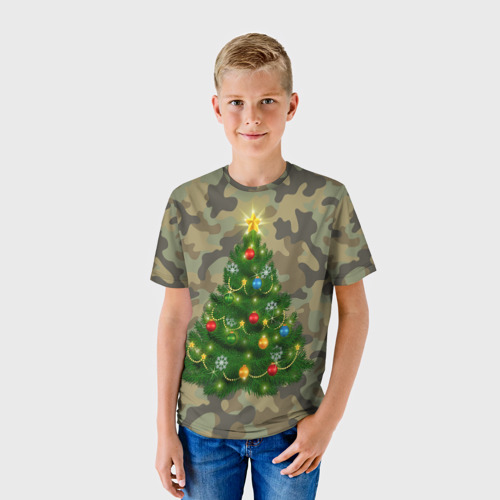 Детская футболка 3D Ёлка на армейском камуфляже для нового года, цвет 3D печать - фото 3