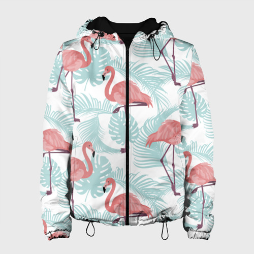 Женская куртка 3D Узор фламинго и тропических растений, цвет черный
