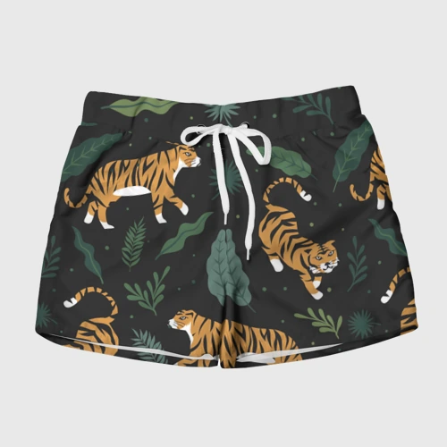 Женские шорты 3D с принтом Тропический тигр, вид спереди #2