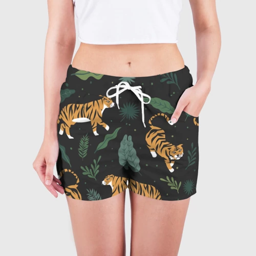 Женские шорты 3D с принтом Тропический тигр, фото на моделе #1