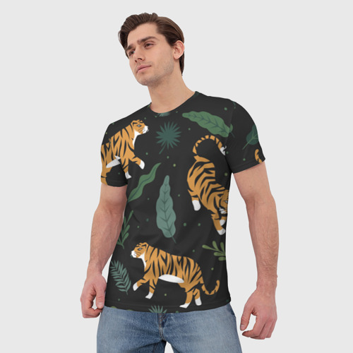 Мужская футболка 3D с принтом Тропический тигр, фото на моделе #1
