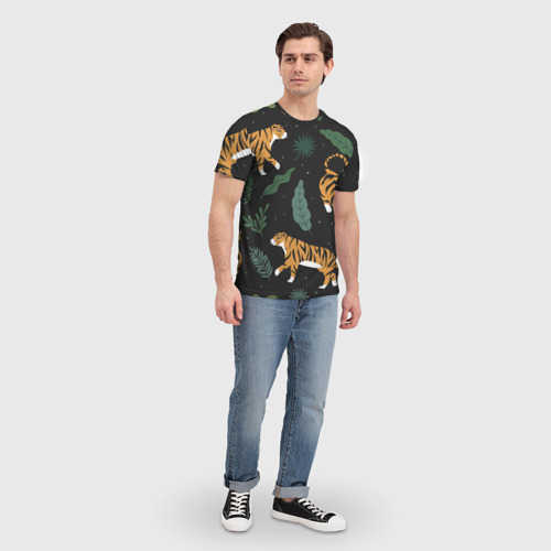 Мужская футболка 3D с принтом Тропический тигр, вид сбоку #3