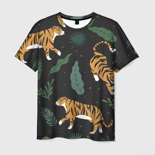 Мужская футболка 3D с принтом Тропический тигр, вид спереди #2