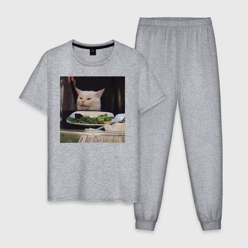 Мужская пижама хлопок Мемная картинка с котом, цвет меланж