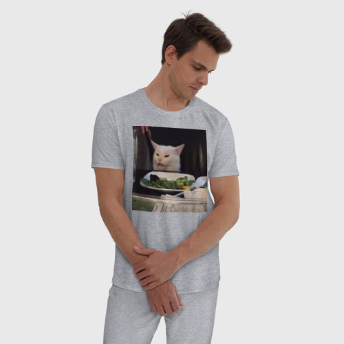 Мужская пижама хлопок Мемная картинка с котом, цвет меланж - фото 3