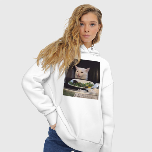 Женское худи Oversize хлопок Мемная картинка с котом, цвет белый - фото 4