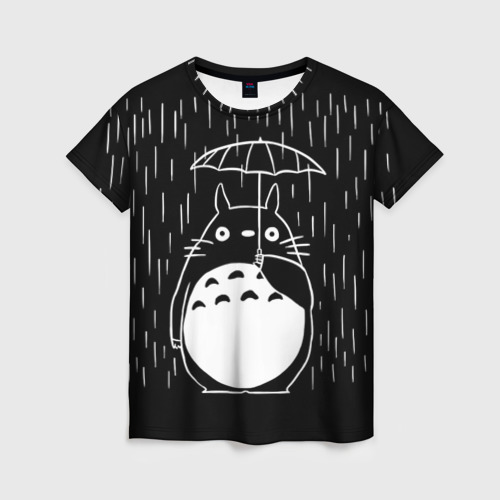 Женская футболка 3D с принтом Тоторо прячется от дождя, вид спереди #2