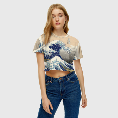 Женская футболка Crop-top 3D Kanagawa Wave Art, цвет 3D печать - фото 3