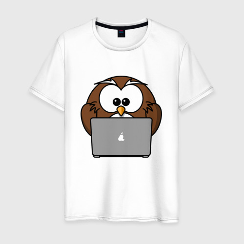 Мужская футболка из хлопка с принтом Сова с ноутбуком, вид спереди №1