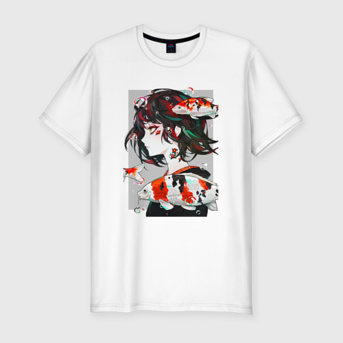 Мужская приталенная футболка из хлопка с принтом Девушка и Карп Кои, вид спереди №1