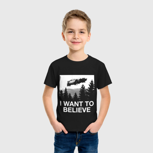 Светящаяся детская футболка I want to believe - DeLorean DMC-12 летающий, цвет черный - фото 3