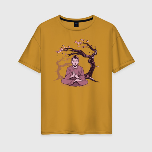 Женская футболка хлопок Oversize Будда Сакура, цвет горчичный