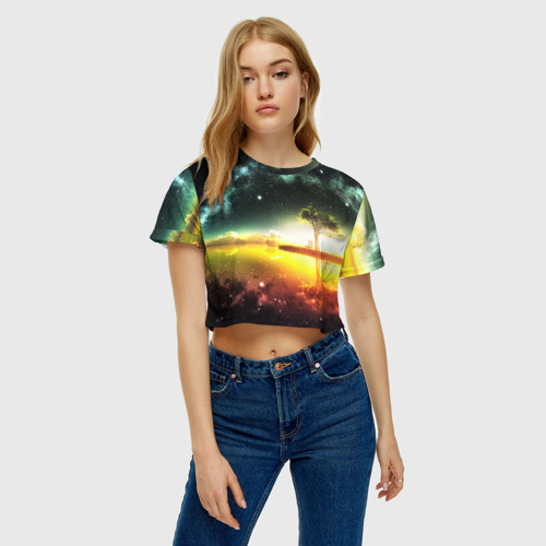 Женская футболка Crop-top 3D Закат со звездами, цвет 3D печать - фото 3