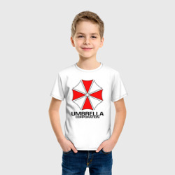 Футболка с принтом Umbrella Corp Resident evil Обитель зла для ребенка, вид на модели спереди №2. Цвет основы: белый