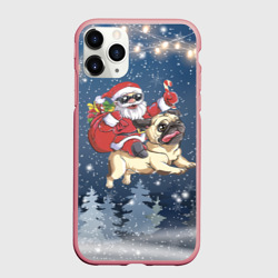 Чехол для iPhone 11 Pro Max матовый Санта едет на мопсе